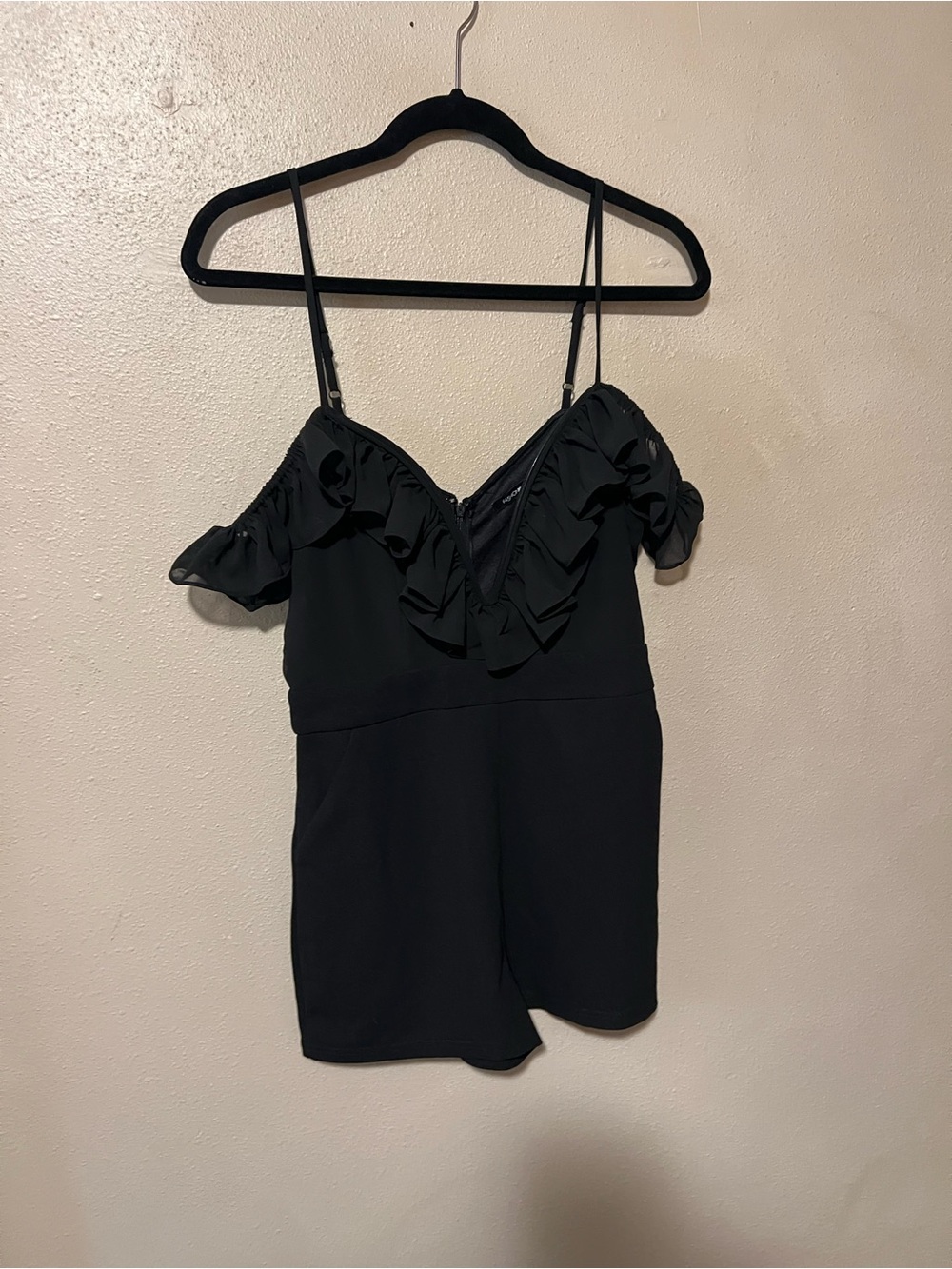 Fashion Nova Black Ruffle Off-Shoulder Romper